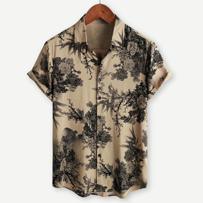Men's Vintage Floral Resort Shirt - Inkwell Print Short Sleeve Holiday Top