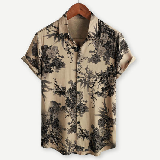 Men's Vintage Floral Resort Shirt - Inkwell Print Short Sleeve Holiday Top