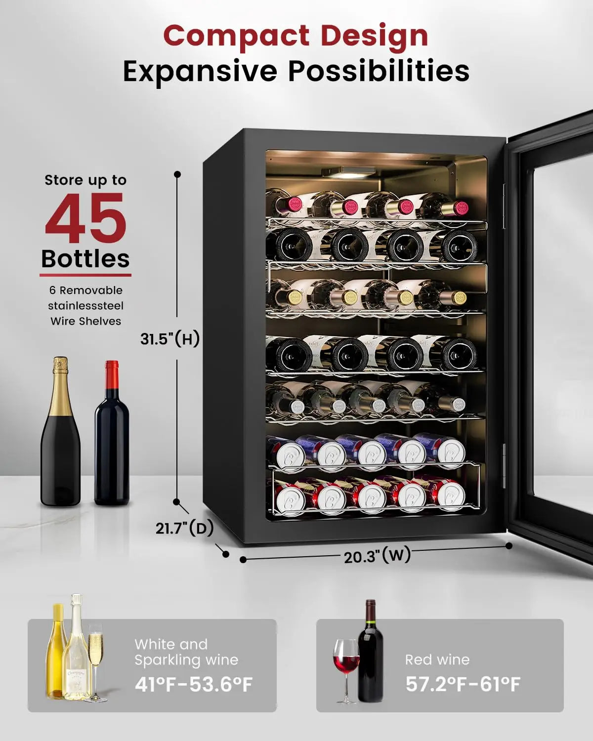 45 Bottle Wine Cooler Refrigerator - Small Wine Fridge for Red, White, Champagne, Freestanding Wine Cellar with, Customized